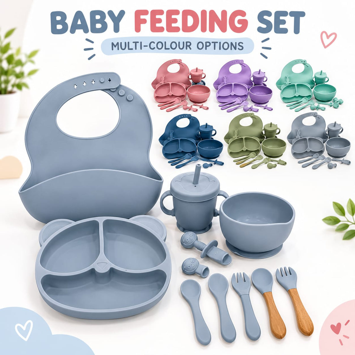 Kids Silicone Feeding Set Todler Meal Set 100 % Silicone Baby Meal Set Silicone Set Childerns Meal Training Set Cutlery .