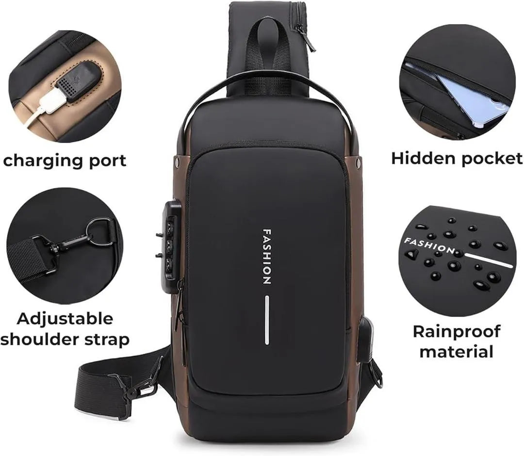 MS Mart - Anti-Theft Sling Bag for Men | Password Lock Crossbody Chest Bag with USB Port