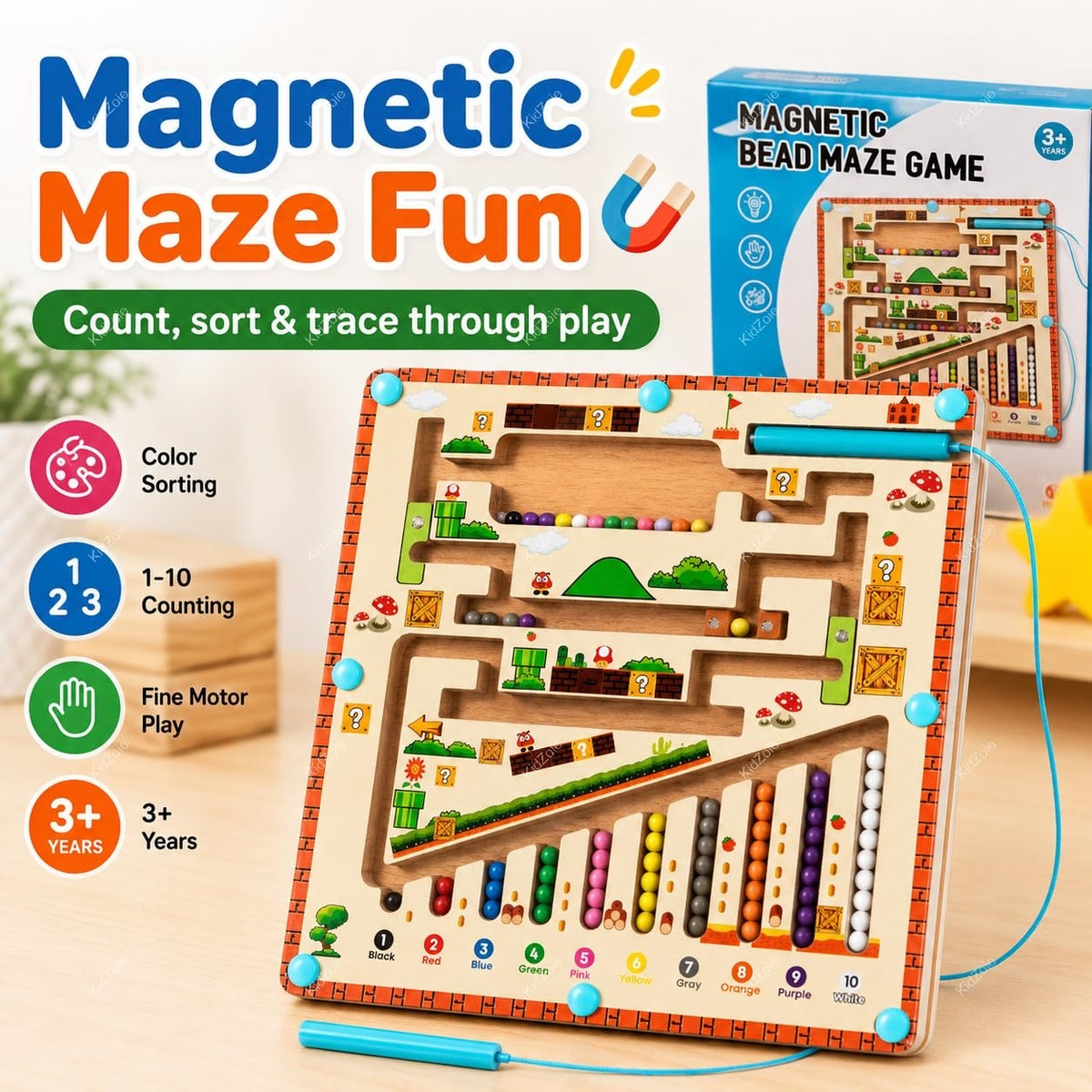 Magnetic Bead Maze Game | Wooden Counting & Color Sorting Board With Magnetic Pen For Kids 3+ Years