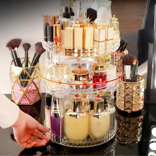 360° Rotating Diamond Cut Cosmetic Organizer | Makeup Storage Box with Large Capacity | Multi Layer Skincare Perfume Lipstick Holder | Rotatable Beauty Organizer Stand for Dressing Table Vanity