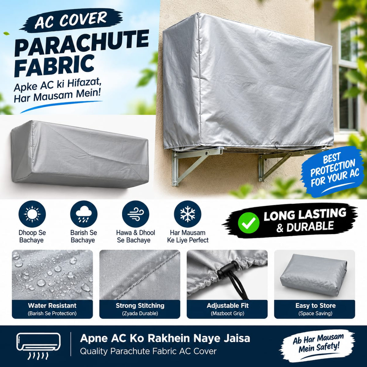 MS Mart - AC Cover Outdoor Unit | Parachute Fabric Waterproof Cover For AC - Silver