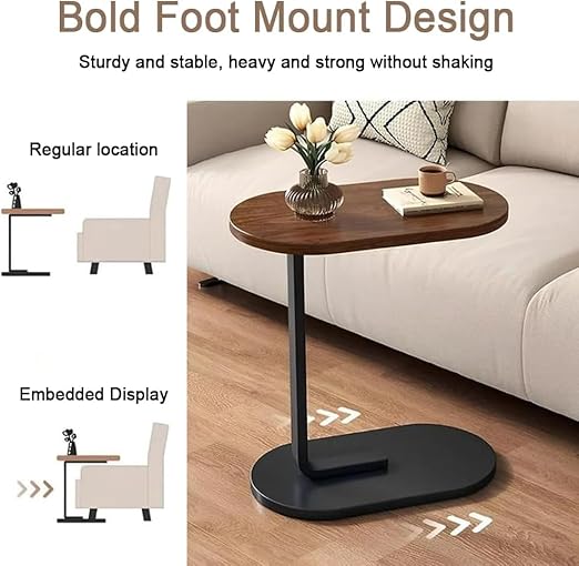 MS Mart - C-Shape Side Table | Modern Sofa Side Table For Laptop & Coffee - Wooden Top With Metal Frame