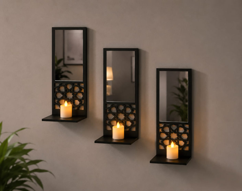 MS Mart - Pack Of 3 Wooden Mirror Wall Shelf | Decorative Acrylic Mirror Frame With Candle Shelf - 28cm