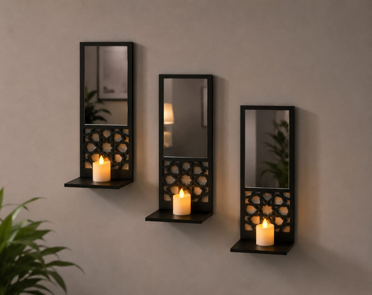 MS Mart - Pack Of 3 Wooden Mirror Wall Shelf | Decorative Acrylic Mirror Frame With Candle Shelf - 28cm