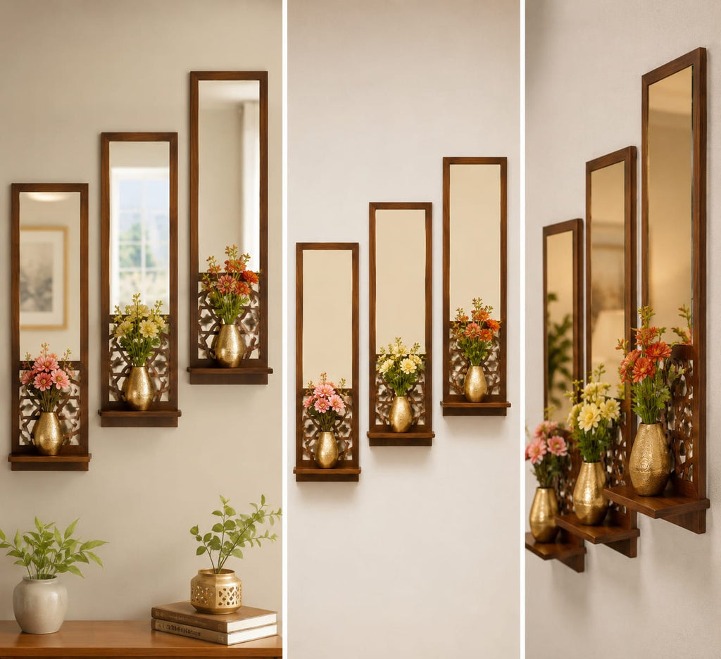 MS Mart - Pack Of 3 Wooden Mirror Wall Shelf | Decorative Acrylic Mirror Frame With Candle Shelf - 28cm
