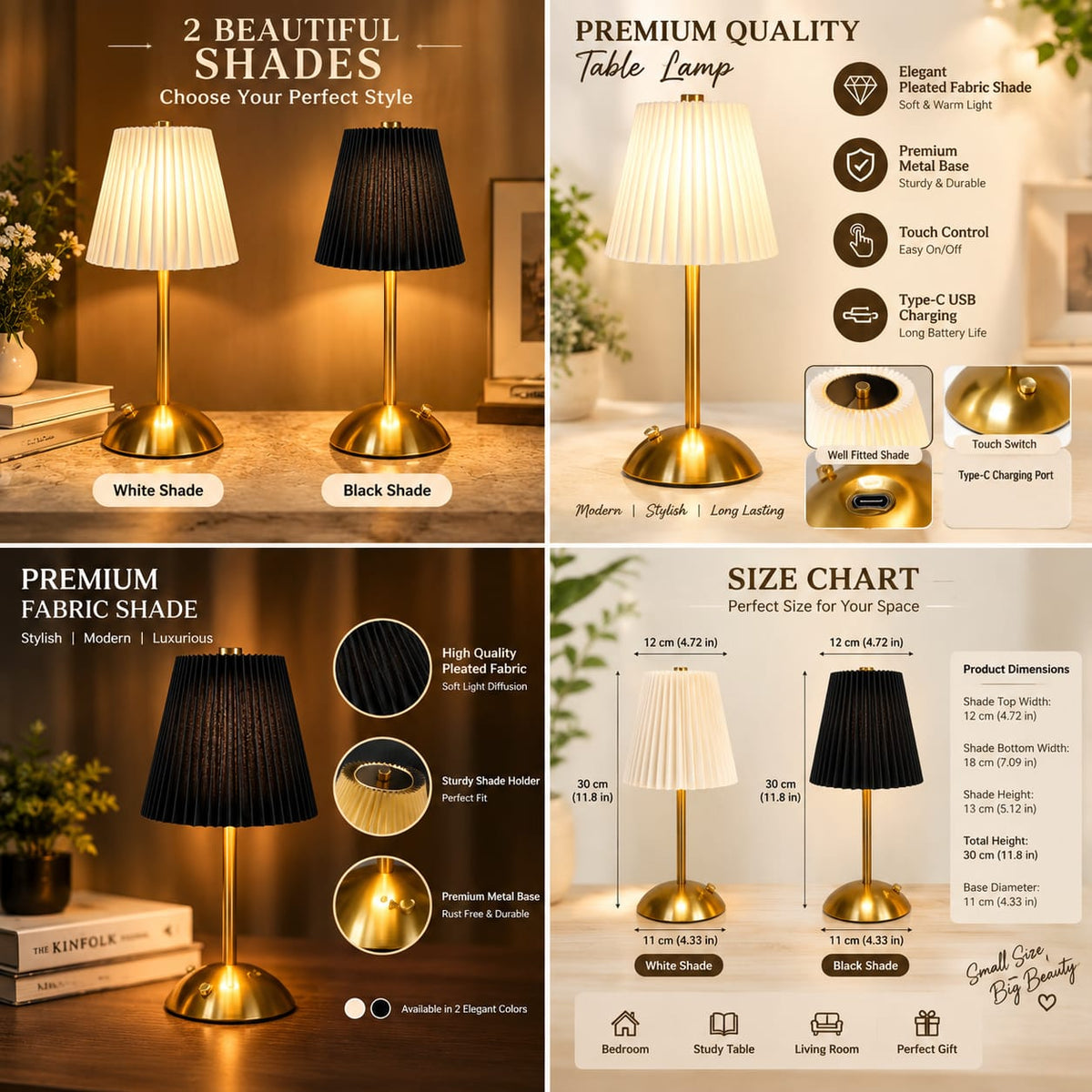 Vintage Rechargeable Cordless Touch Control Dimmable Metal Table Lamp With Pleated Fabric Shade / Wireless Reading Lamp For Restaurant Hotel Bar Bedroom Decor Light