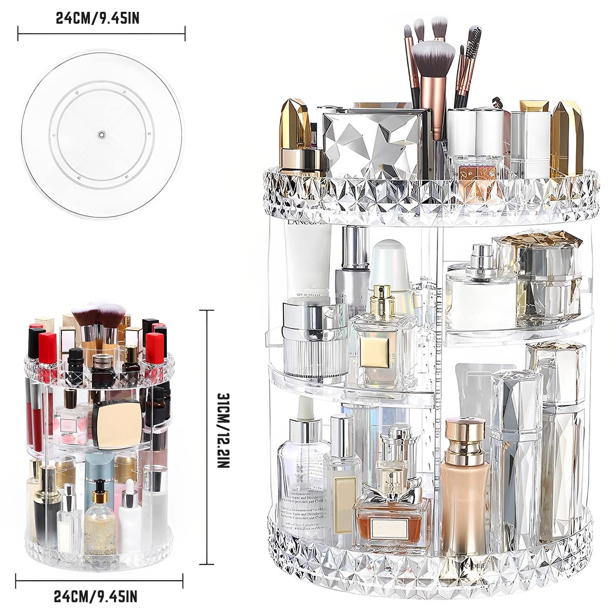 360° Rotating Diamond Cut Cosmetic Organizer | Makeup Storage Box with Large Capacity | Multi Layer Skincare Perfume Lipstick Holder | Rotatable Beauty Organizer Stand for Dressing Table Vanity