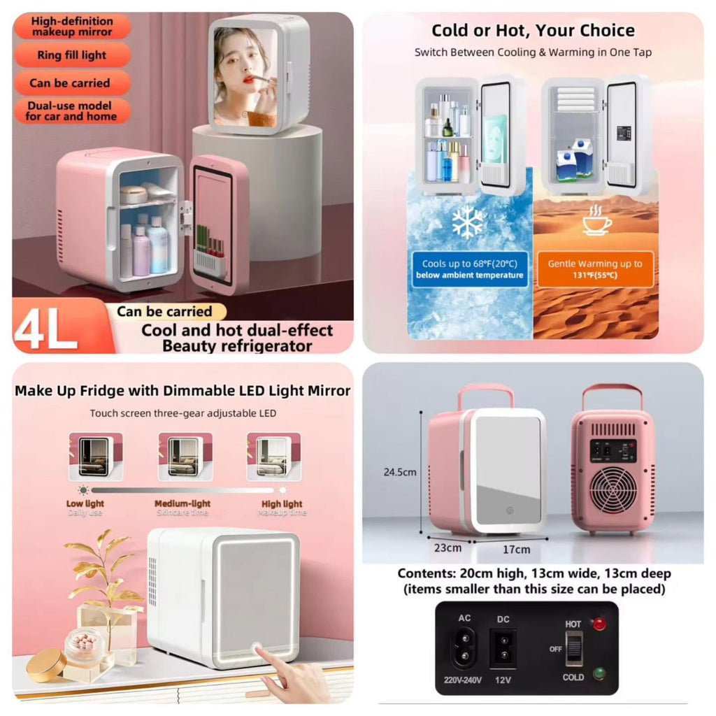 4L Mini Beauty Fridge | Makeup Fridge With LED Mirror - Hot & Cold - For Car & Home