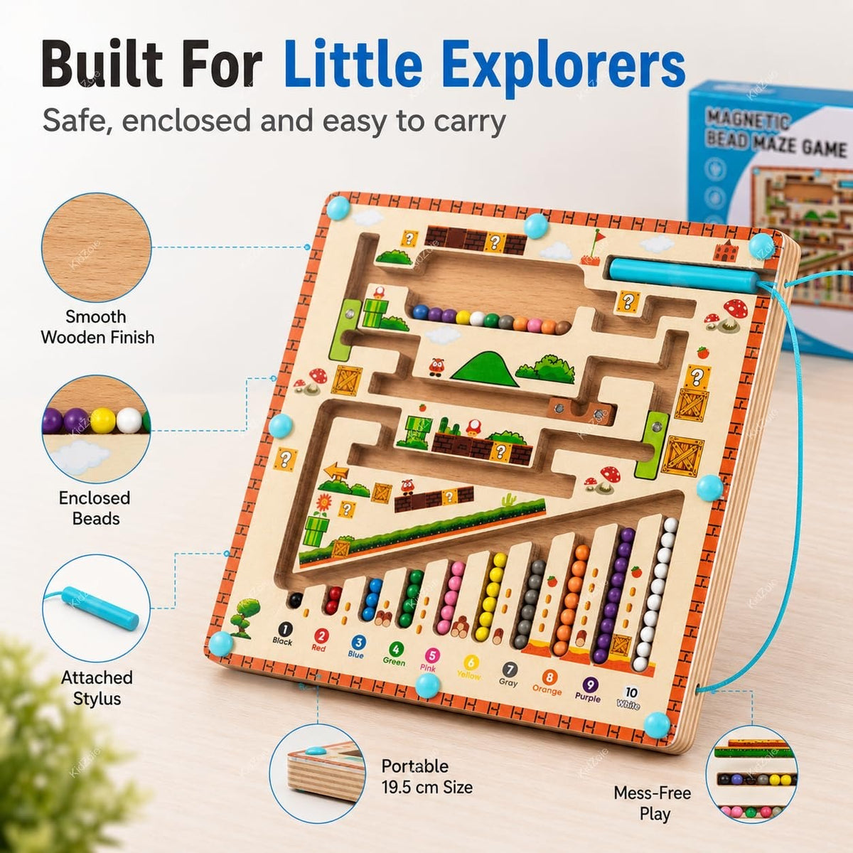 Magnetic Bead Maze Game | Wooden Counting & Color Sorting Board With Magnetic Pen For Kids 3+ Years