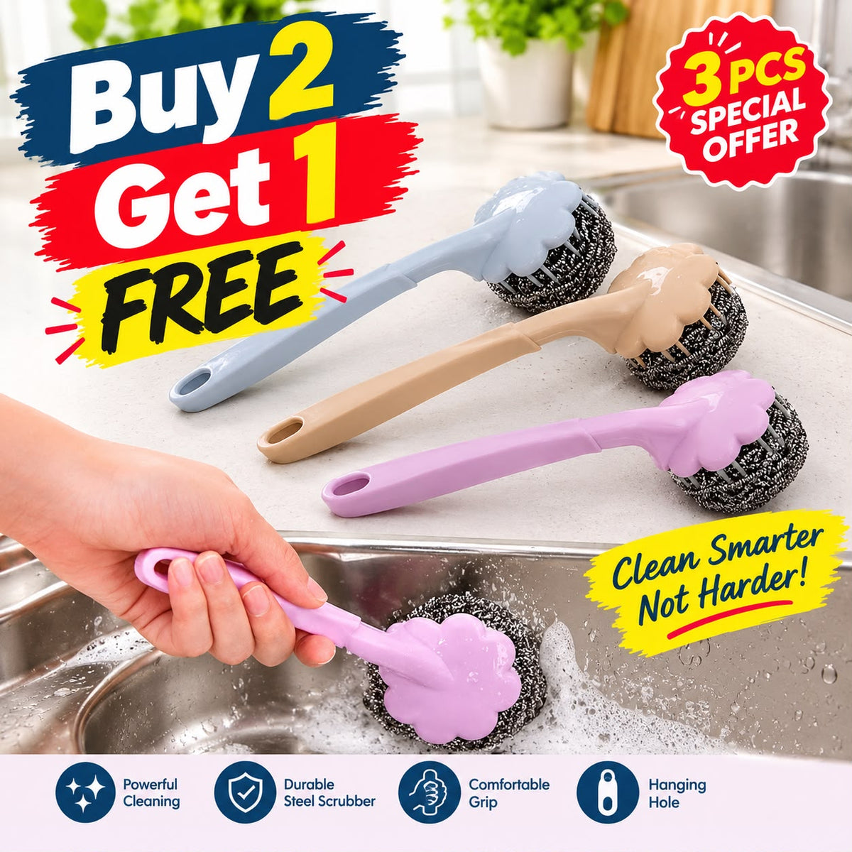 Pack Of 3 - Long Handle Kitchen Scrub Brush | Buy 2 Get 1 Free Offer