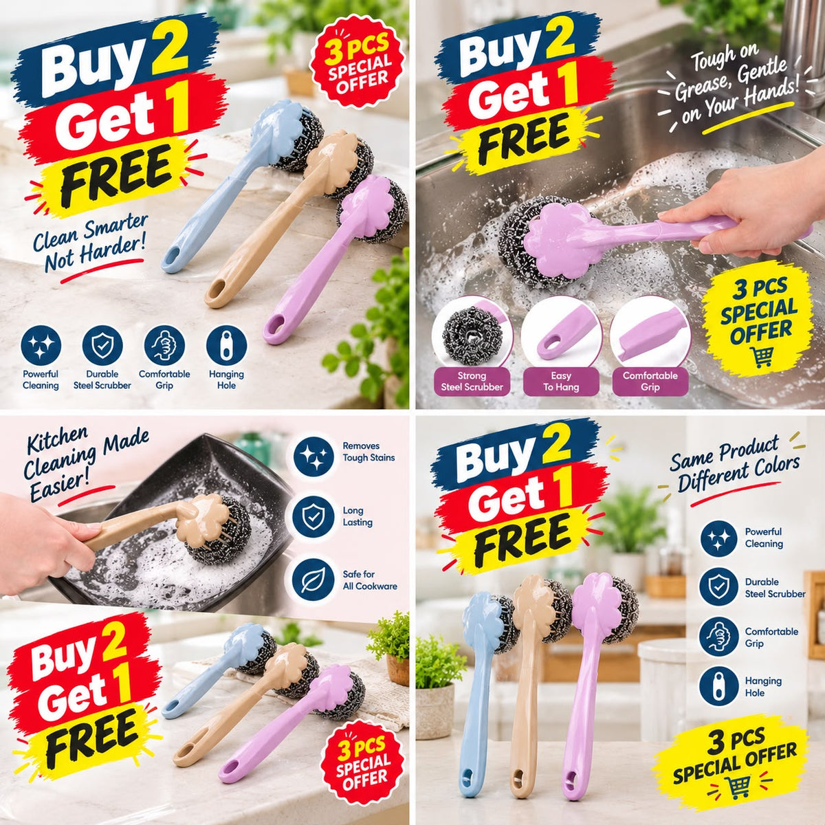 Pack Of 3 - Long Handle Kitchen Scrub Brush | Buy 2 Get 1 Free Offer