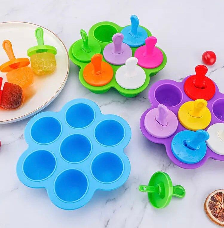 MS Mart - 7 Cavity Mini Ice Cream Popsicle Mold | Silicone Kulfi Maker With Sticks