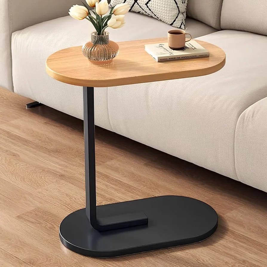 MS Mart - C-Shape Side Table | Modern Sofa Side Table For Laptop & Coffee - Wooden Top With Metal Frame
