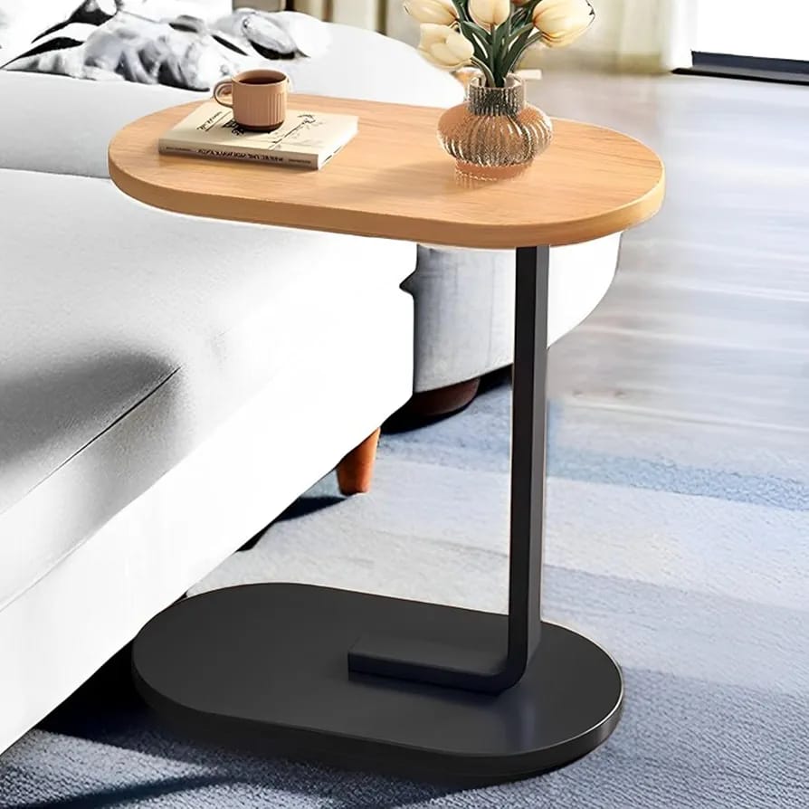 MS Mart - C-Shape Side Table | Modern Sofa Side Table For Laptop & Coffee - Wooden Top With Metal Frame