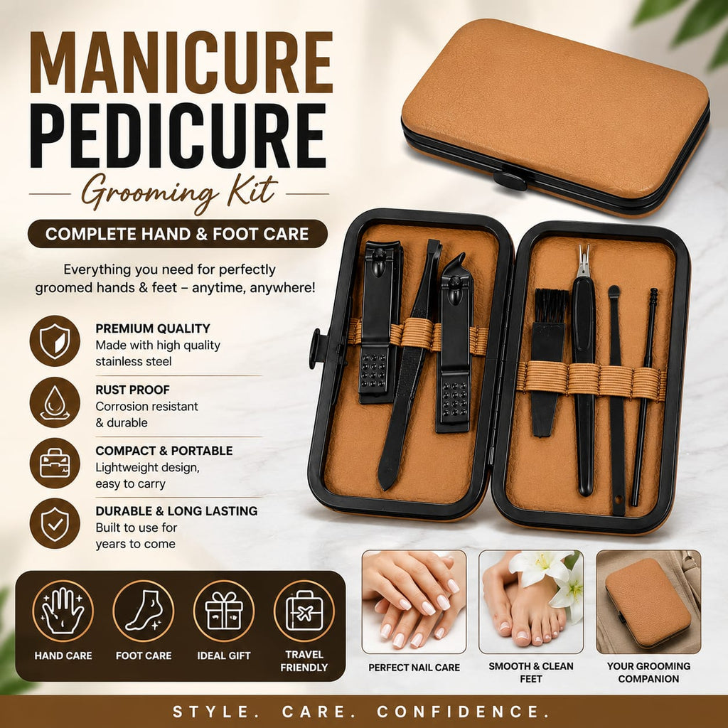 MS Mart - 7 in 1 Manicure Pedicure Kit | Premium Grooming Kit For Men & Women - Brown Leather Box