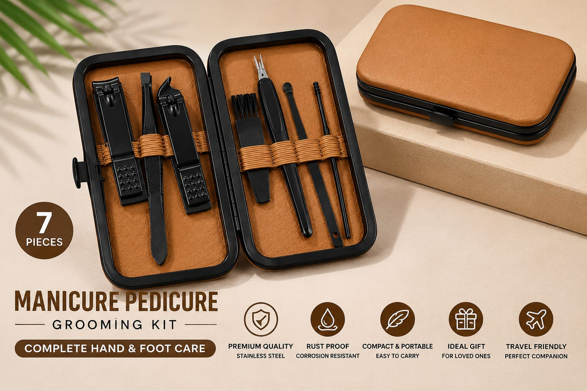 MS Mart - 7 in 1 Manicure Pedicure Kit | Premium Grooming Kit For Men & Women - Brown Leather Box
