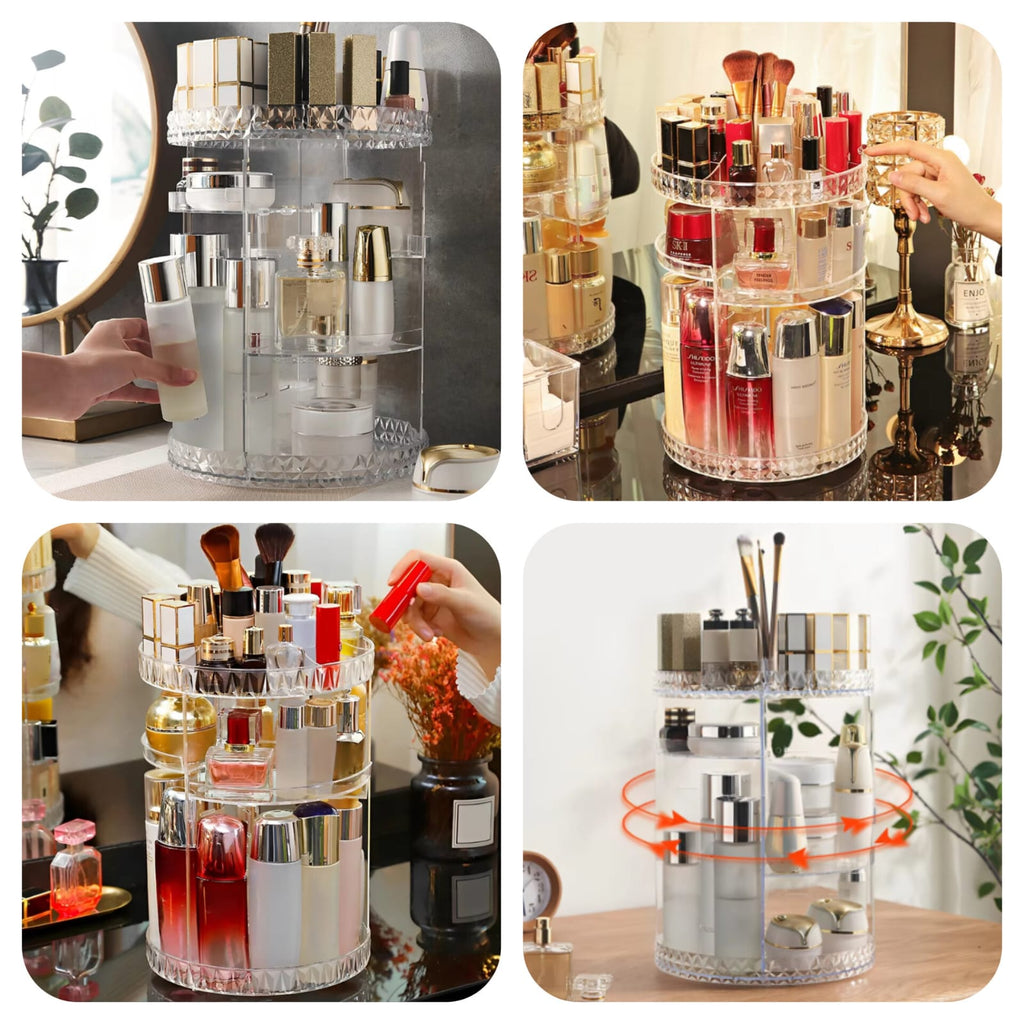 360° Rotating Diamond Cut Cosmetic Organizer | Makeup Storage Box with Large Capacity | Multi Layer Skincare Perfume Lipstick Holder | Rotatable Beauty Organizer Stand for Dressing Table Vanity