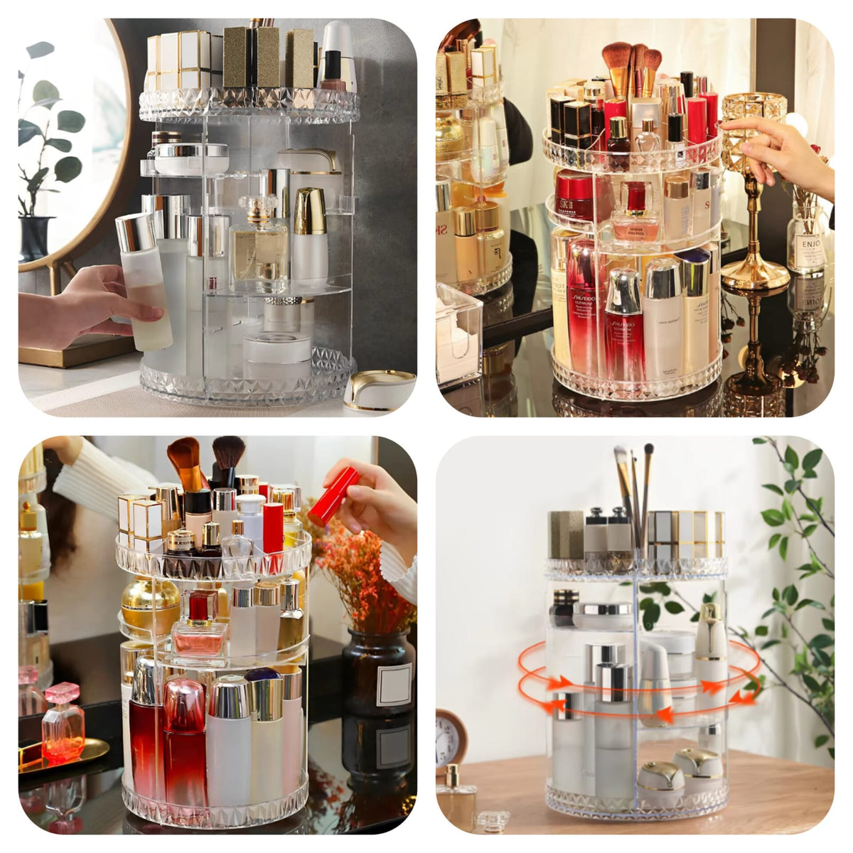 360° Rotating Diamond Cut Cosmetic Organizer | Makeup Storage Box with Large Capacity | Multi Layer Skincare Perfume Lipstick Holder | Rotatable Beauty Organizer Stand for Dressing Table Vanity