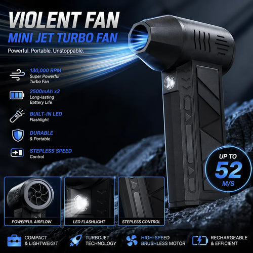 High Quality Mini Jet Fan – Powerful & Portable Turbo Air Blower 130,000 RPM | Ultra Powerful Cordless Air Duster & Car Dryer | Brushless Motor 3-Speed Mini Jet Fan with LED Light