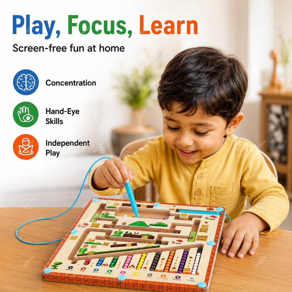 Magnetic Bead Maze Game | Wooden Counting & Color Sorting Board With Magnetic Pen For Kids 3+ Years