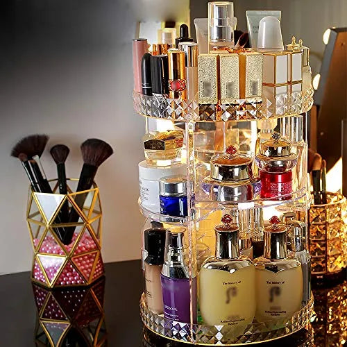 360° Rotating Diamond Cut Cosmetic Organizer | Makeup Storage Box with Large Capacity | Multi Layer Skincare Perfume Lipstick Holder | Rotatable Beauty Organizer Stand for Dressing Table Vanity