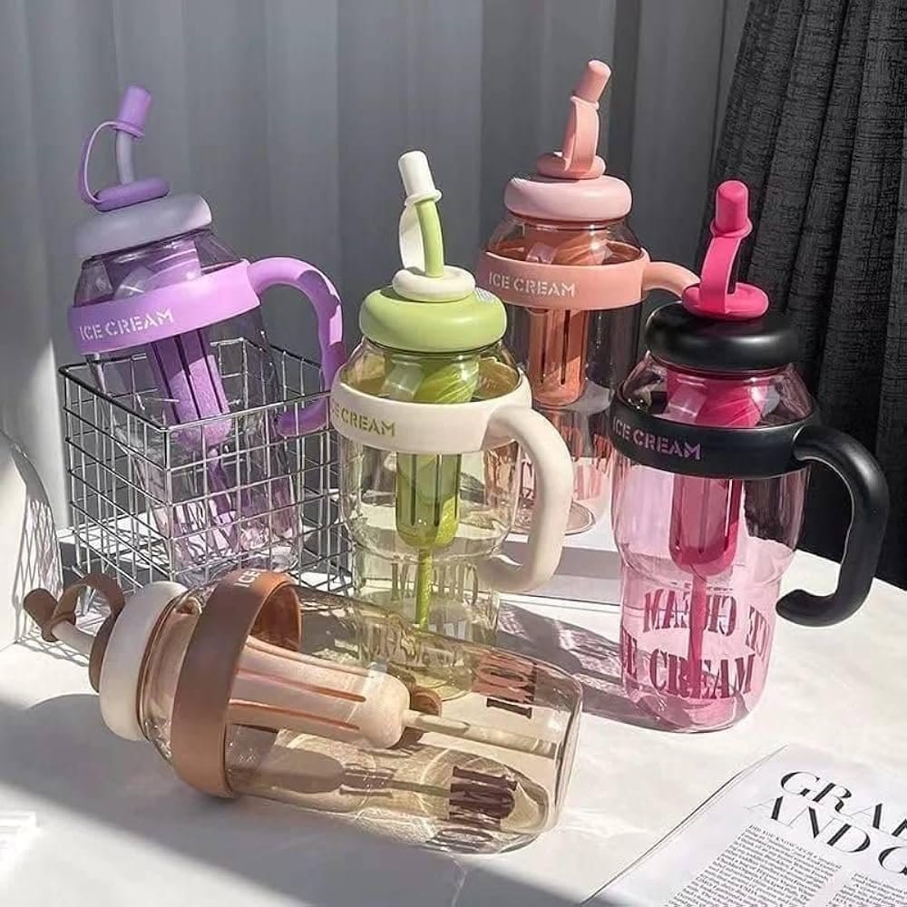 MS Mart - Ice Cream Big Water Bottle 1200ml | Straw Bottle With Handle & Tea Infuser