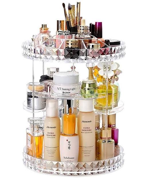 360° Rotating Diamond Cut Cosmetic Organizer | Makeup Storage Box with Large Capacity | Multi Layer Skincare Perfume Lipstick Holder | Rotatable Beauty Organizer Stand for Dressing Table Vanity