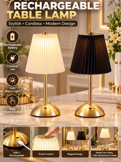 Vintage Rechargeable Cordless Touch Control Dimmable Metal Table Lamp With Pleated Fabric Shade / Wireless Reading Lamp For Restaurant Hotel Bar Bedroom Decor Light