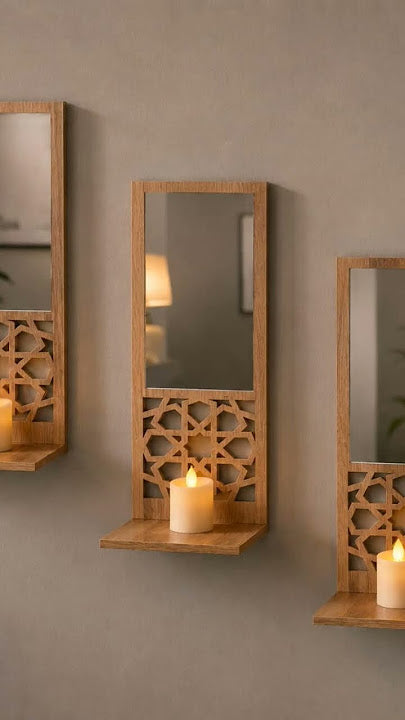 MS Mart - Pack Of 3 Wooden Mirror Wall Shelf | Decorative Acrylic Mirror Frame With Candle Shelf - 28cm