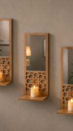 MS Mart - Pack Of 3 Wooden Mirror Wall Shelf | Decorative Acrylic Mirror Frame With Candle Shelf - 28cm